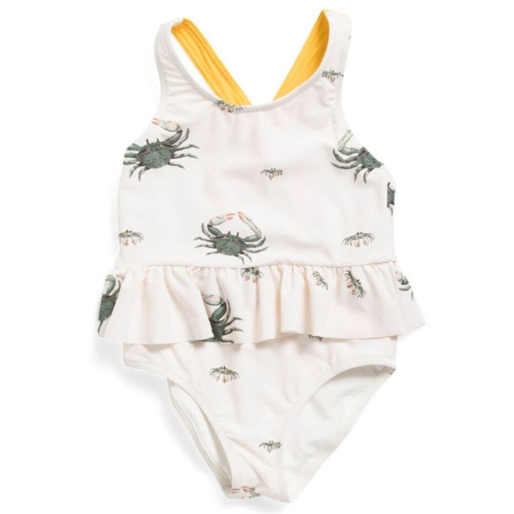 NWT! Milkbarn Girls Ruffle Waist Suspender Coastal Crab Swimsuit Size 18-24M